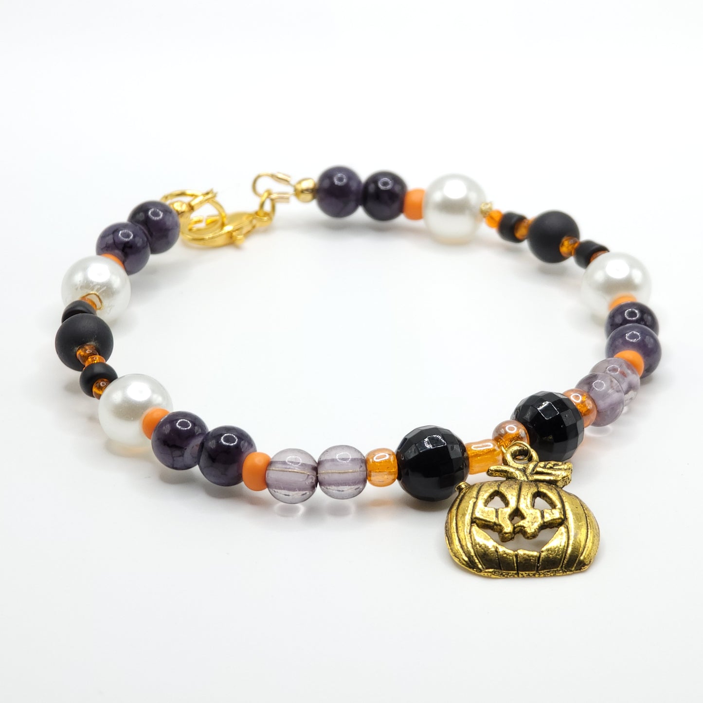 Beaded Halloween Bracelet with Pumpkin Charm