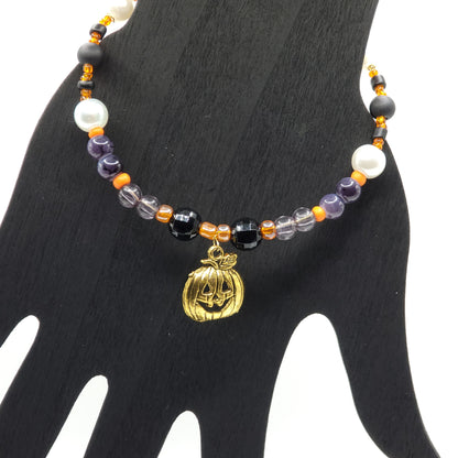 Beaded Halloween Bracelet with Pumpkin Charm