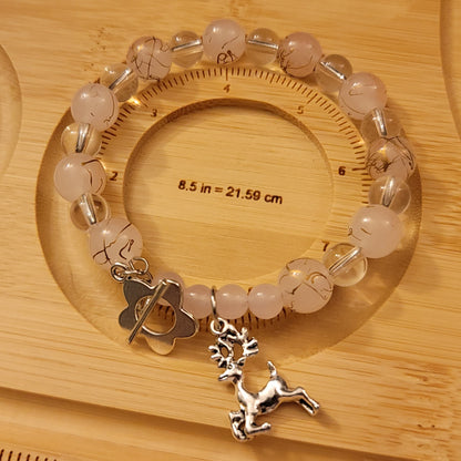 Pink Glass Bead Bracelet with Reindeer Charm